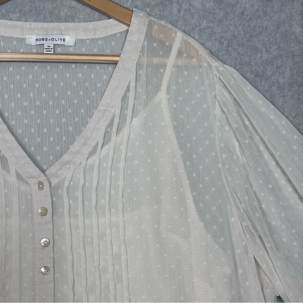Rose & Olive Swiss Dot Popover V-Neck Blouse w/ Camisole Top-Cream-Women 3X